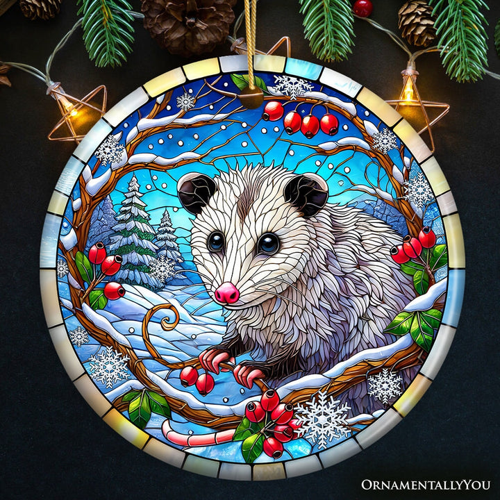 Frosty Possum in Berry Branches Ornament, Playful Winter Wonderland for Holiday Tree Decor Ceramic Ornament OrnamentallyYou Circle 