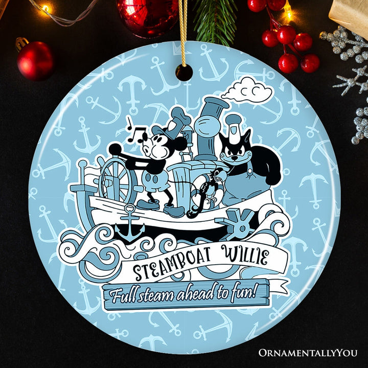 Full Steam Ahead to Fun Quote Ornament, Nostalgic Steamboat Willie Christmas Gift Ceramic Ornament OrnamentallyYou Circle 