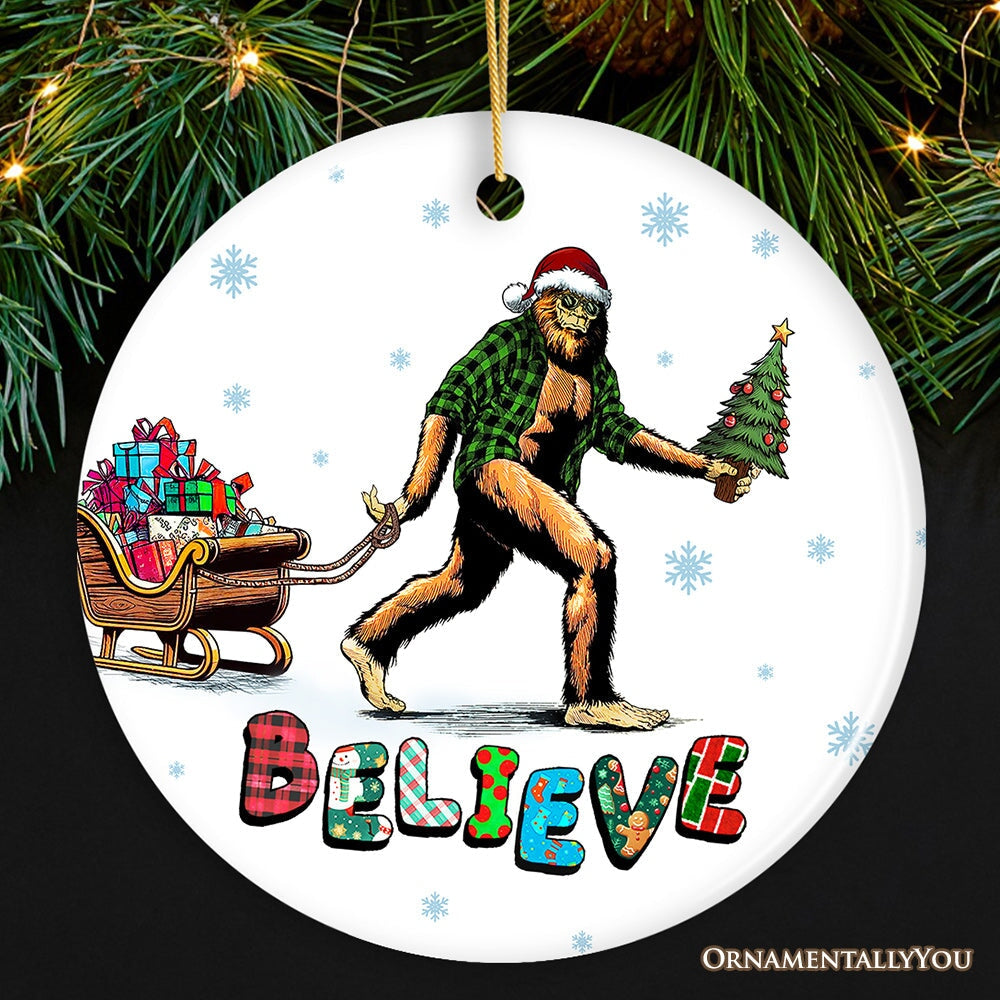 Funny Big Foot Believe Christmas Ornament, Sasquatch Humor Holiday Decor Ceramic Ornament OrnamentallyYou Circle 