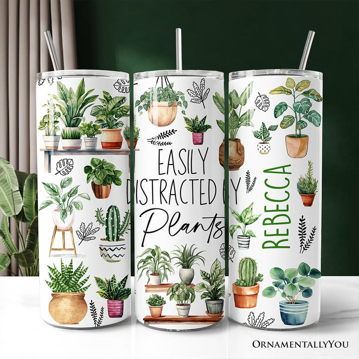 Funny Botanical Life 20oz Personalized Tumbler With Lid and Stainless Steel Straw, Easily Distracted By Plants Gift Cup Tumbler OrnamentallyYou Customized 