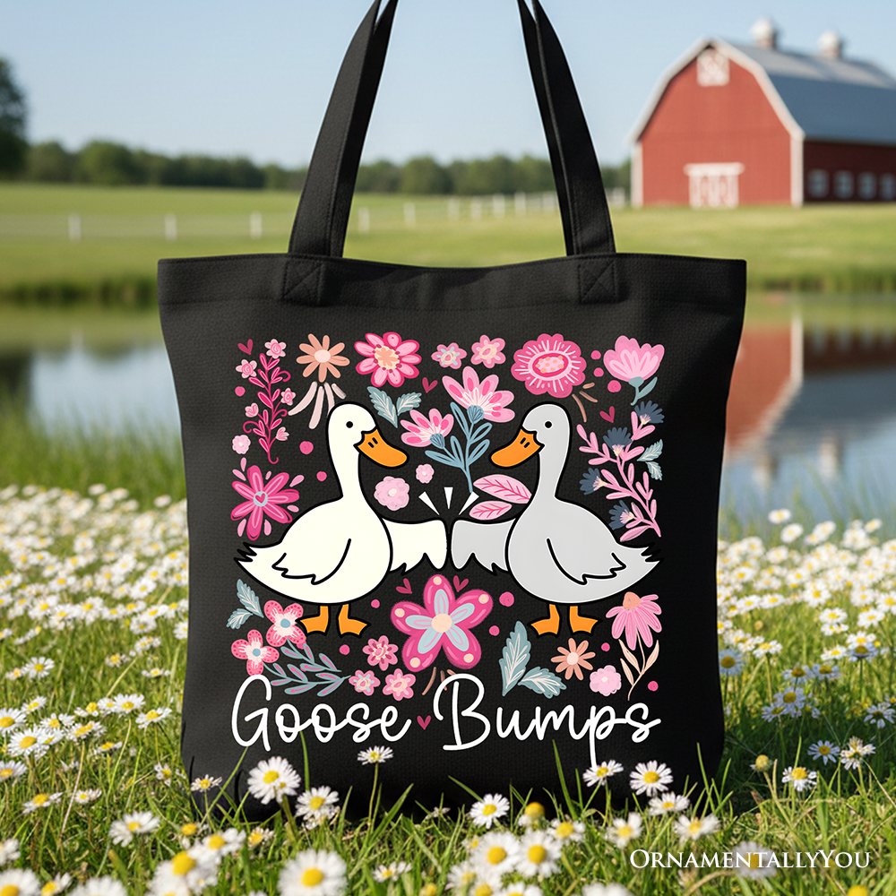 Funny Goose Bumps Floral Canvas Tote Bag, Sarcastic Goose Gift Shopper Tote Bag OrnamentallyYou Black 