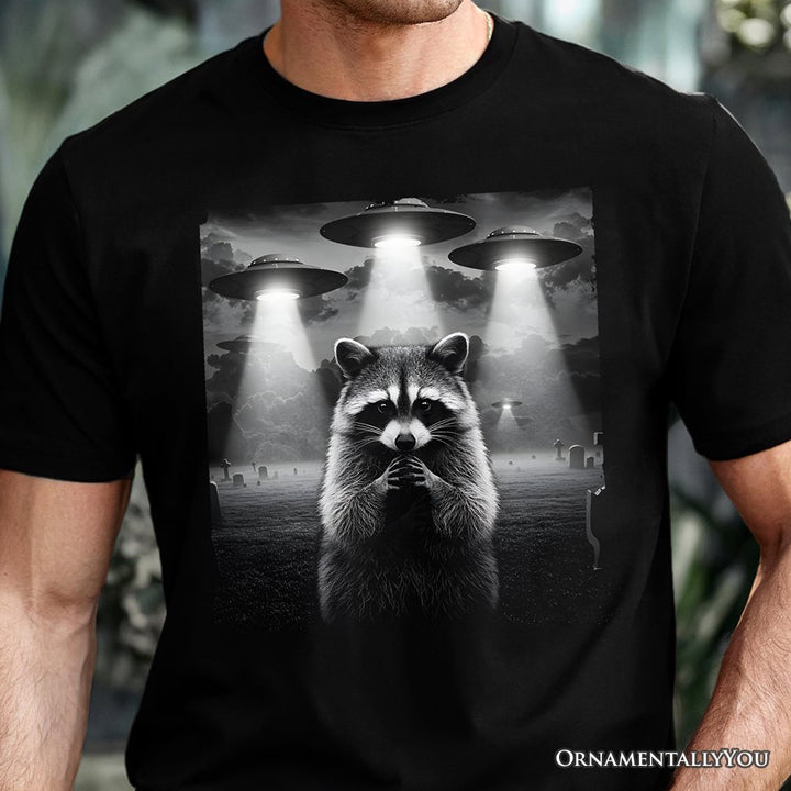 Funny Raccoon UFO T-Shirt, Unisex Black Tee for Space Lover T-Shirts OrnamentallyYou 