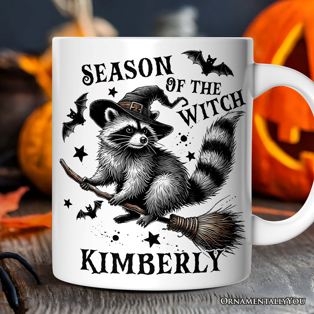 Funny Racoon Witch with Broom Personalized Mug, Halloween and Racoon Lover Gift Personalized Ceramic Mug OrnamentallyYou 12oz Mug Customized 