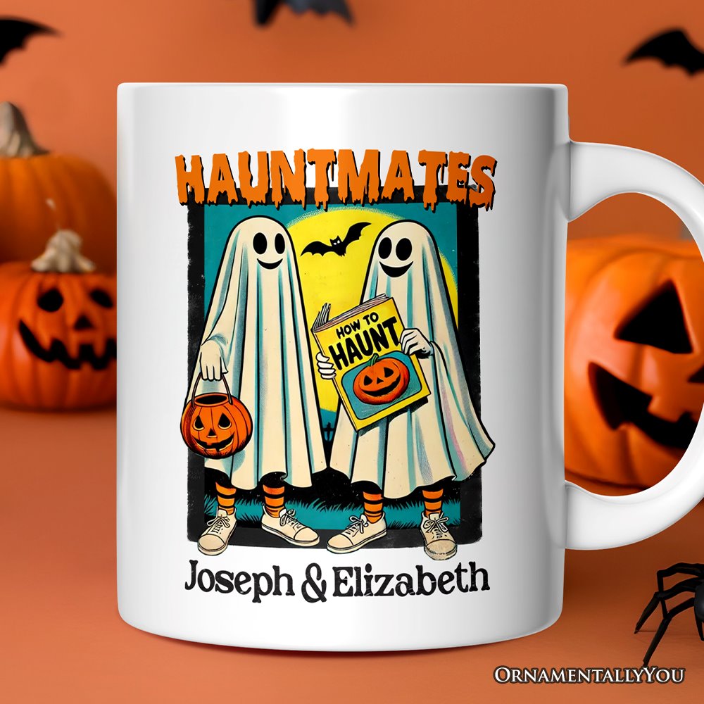 Funny Retro Ghosts Hauntmates Personalized Mug, Vintage Best Friend Halloween Gift with Custom Names Personalized Ceramic Mug OrnamentallyYou 12oz Mug Customized 