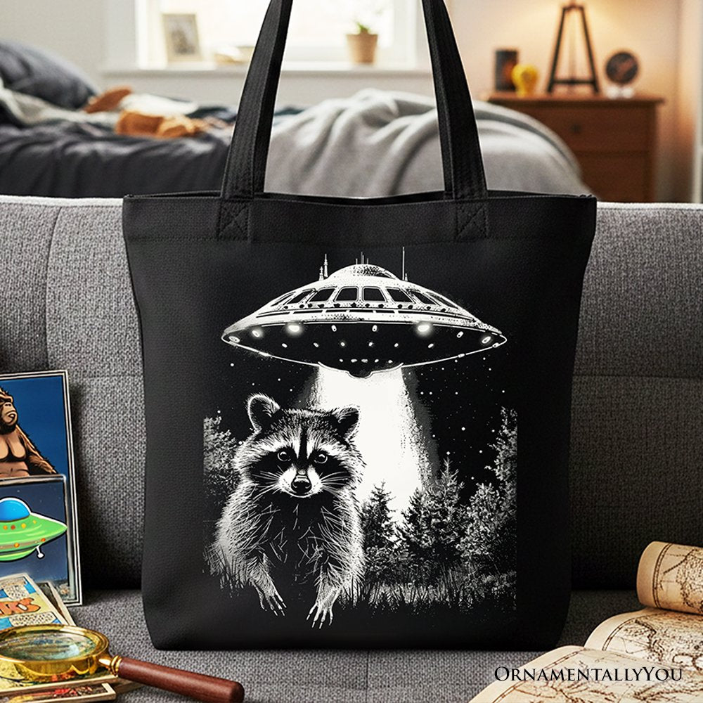 Funny UFO Raccoon Tote Bag, Gift Shopper for Alien Enthusiasts Tote Bag OrnamentallyYou Black 