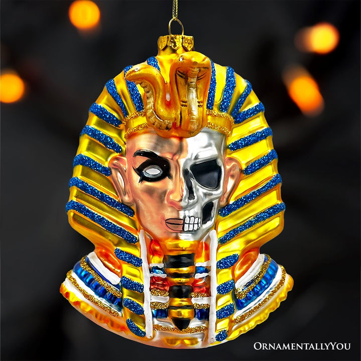 (Pre-order) Evil Egyptian Pharoah Half Skull Head Glass Ornament, Gothic Halloween Tree Decor Glass Ornament OrnamentallyYou 