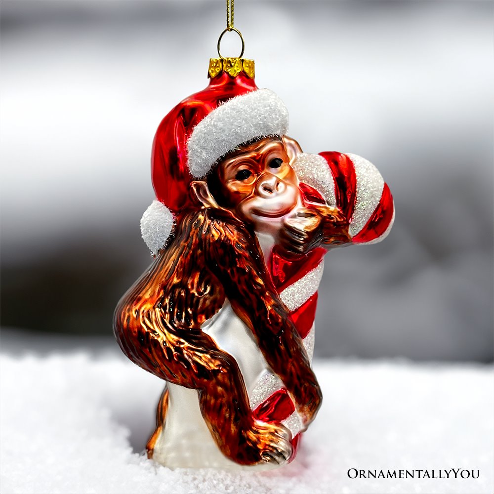 (Pre-order) Cute Monkey with Candy Cane Glass Christmas Ornament, Adorable Chimp Holiday Tree Decor Glass Ornament OrnamentallyYou 