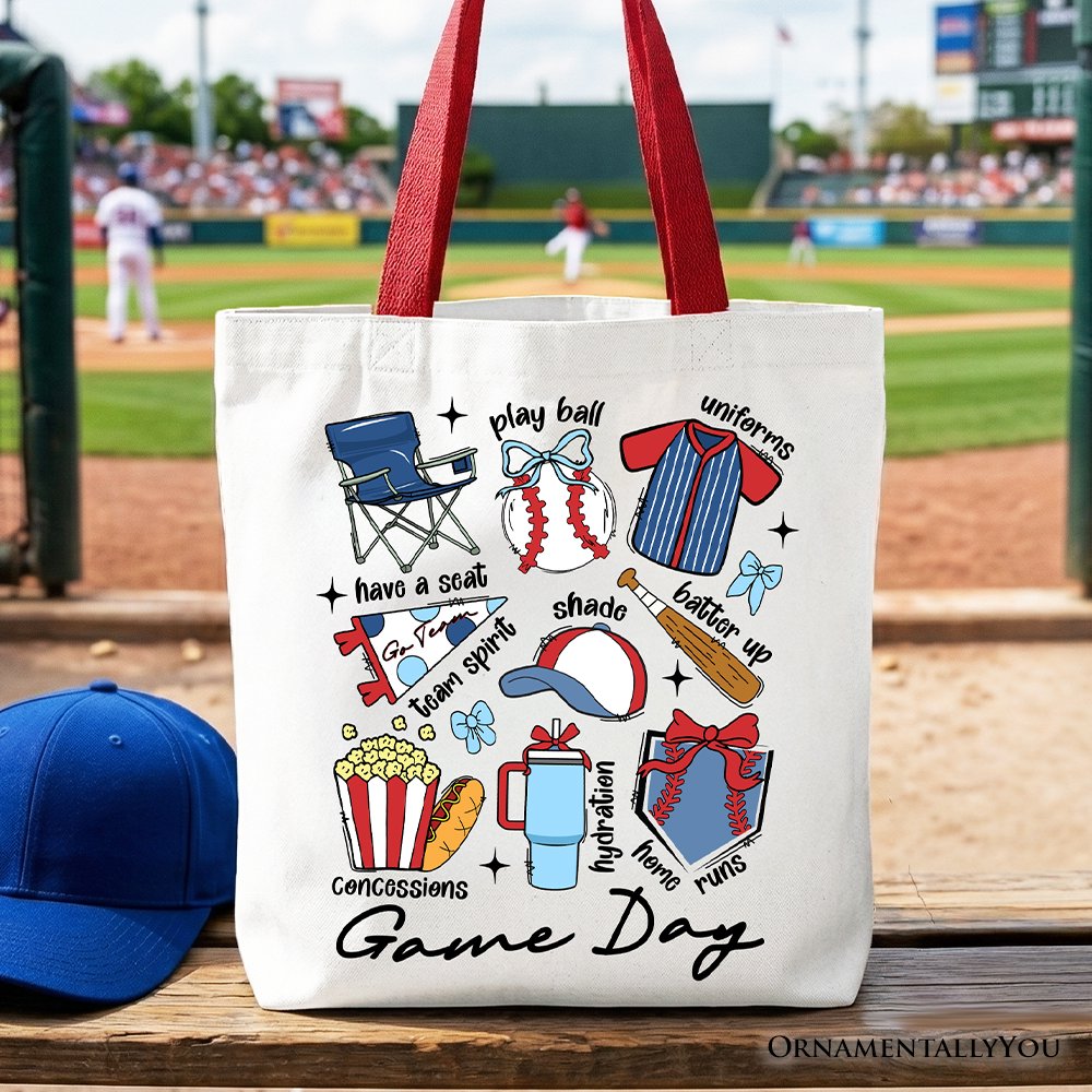 Game Day Baseball Tote Bag, Gift Shopper for Sports Fans Tote Bag OrnamentallyYou Red Handle 