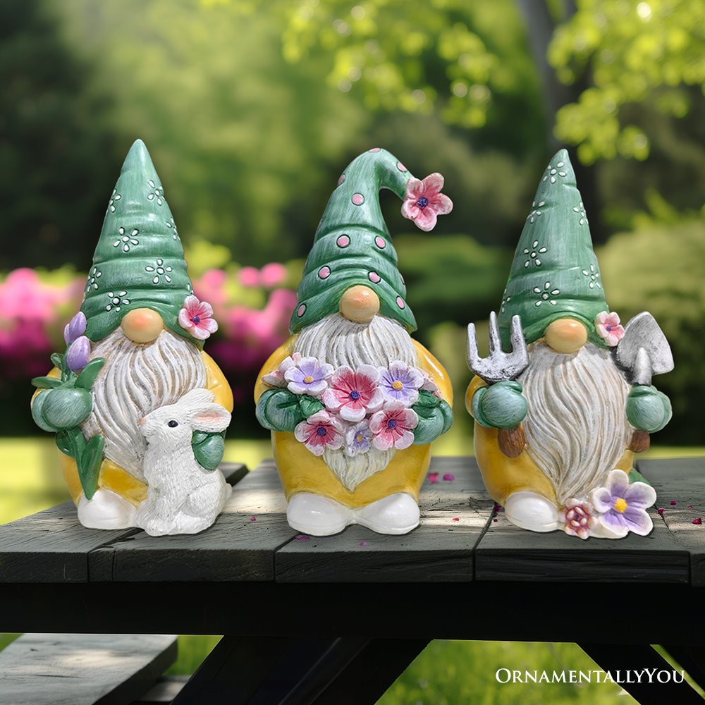 Garden Guardians Set of Three 6" Gardening Gnome Figurines, Floral Green and Yellow Statue Decor Resin Statues OrnamentallyYou 
