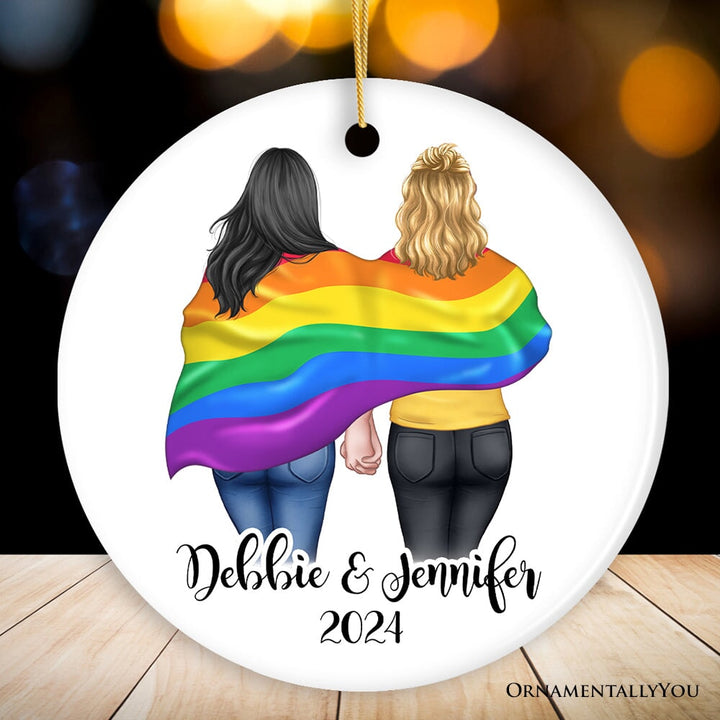 Gay Pride Women Couple with Rainbow Flag Personalized Christmas Ornament, LGBT and Lesbian Activism Ceramic Ornament OrnamentallyYou Circle 