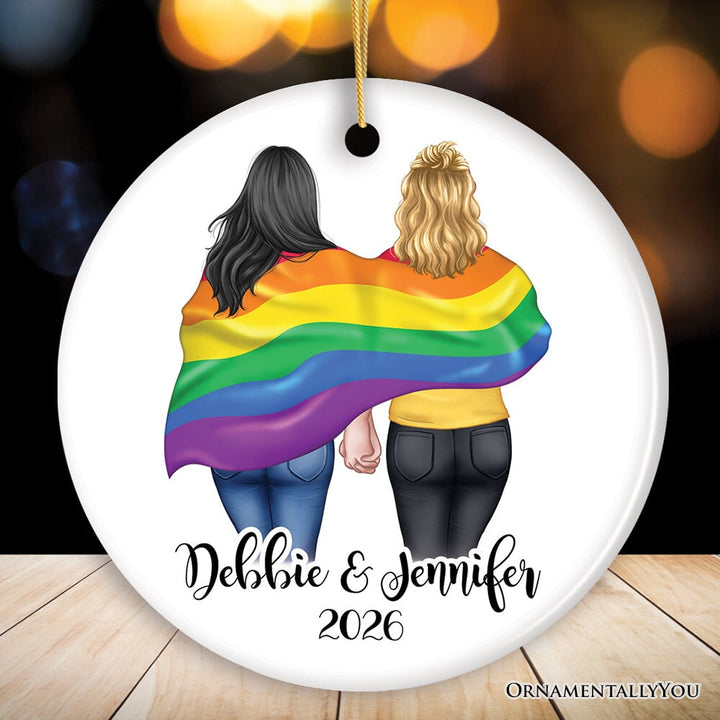 Gay Pride Women Couple with Rainbow Flag Personalized Christmas Ornament, LGBT and Lesbian Activism Ceramic Ornament OrnamentallyYou Circle 