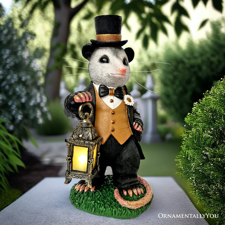 Gentleman Opossum the Victorian Nightcrawler with Solar Powered Lamp Statue, 13" Lighted Garden Statue Resin Statues OrnamentallyYou 