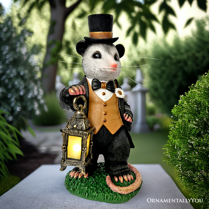 (Pre-Order) Gentleman Opossum the Victorian Nightcrawler with Solar Powered Lamp Statue, 13" Lighted Garden Statue