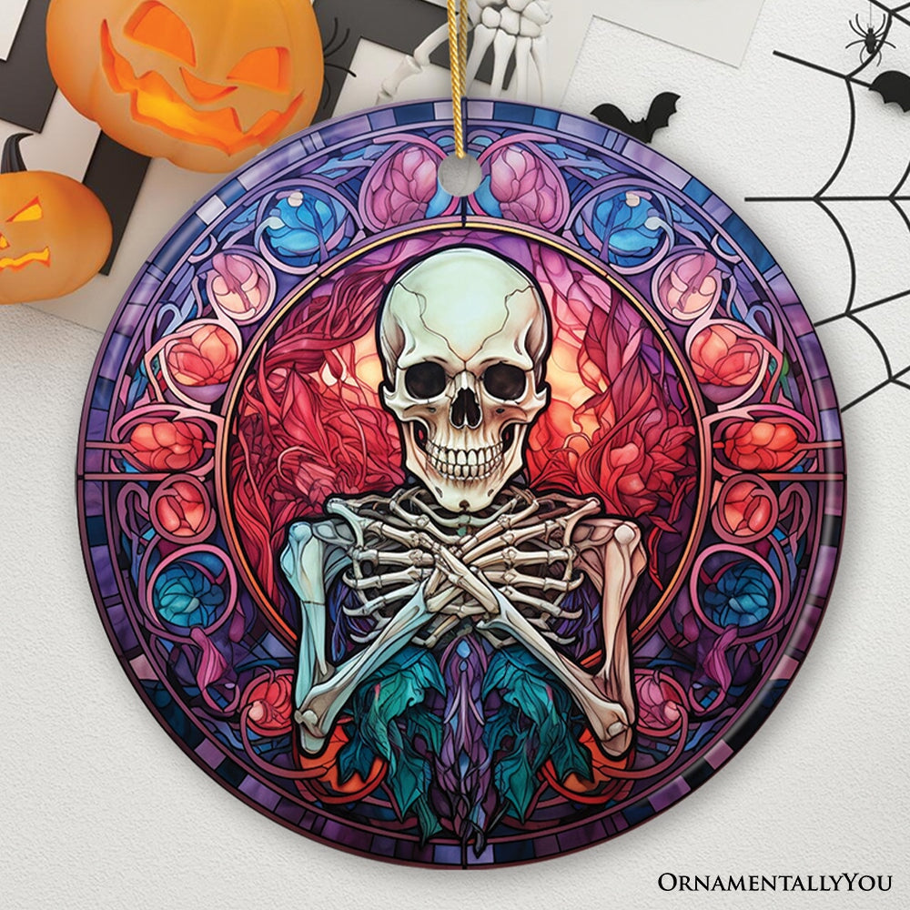 Ghastly Grins Haunted Halloween Skeleton Stained Glass Style Ceramic Ornament, Halloween Themed Christmas Gift Ceramic Ornament OrnamentallyYou Circle 