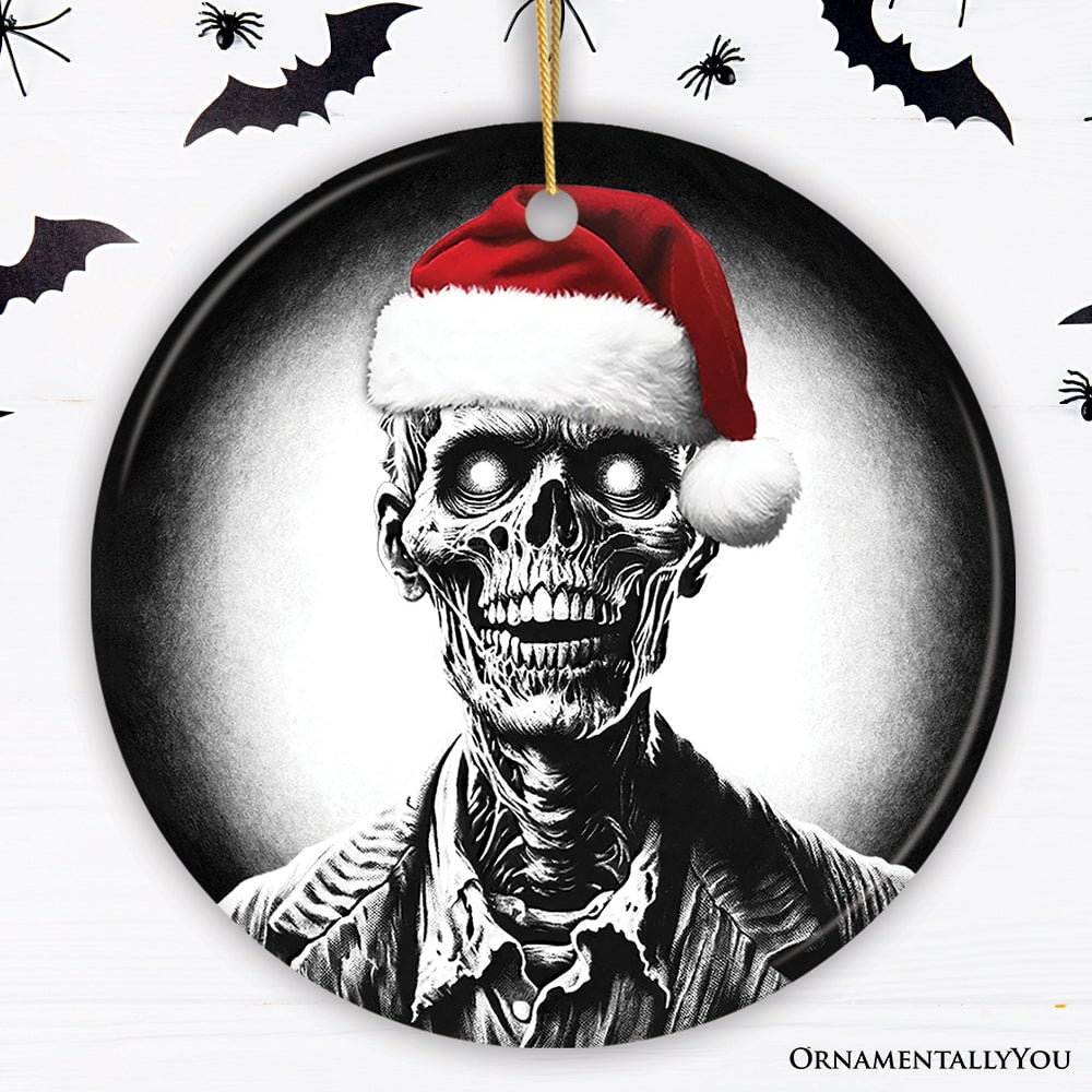 Ghastly Undead Zombie with Santa Hat Ornament, Eerie Christmas Gift for Horror Lovers Ceramic Ornament OrnamentallyYou Circle 