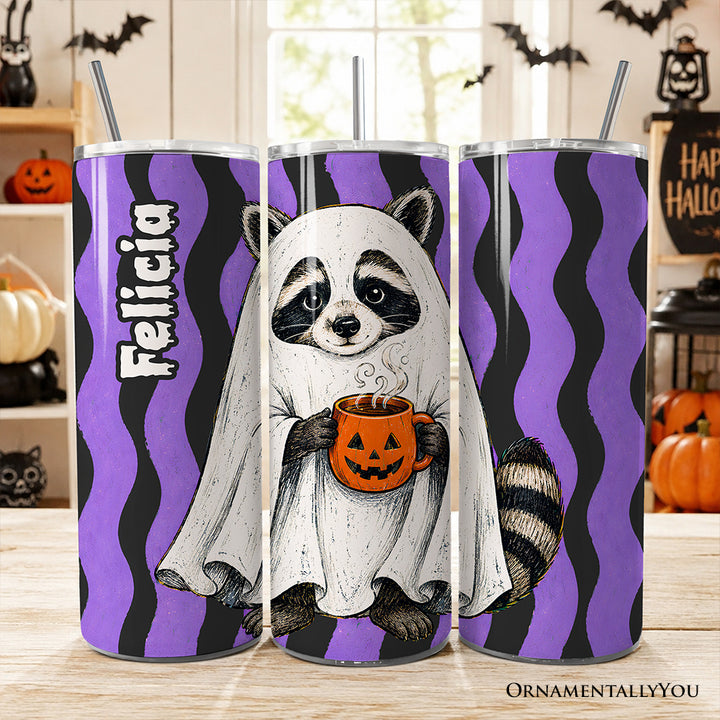 Ghost Costume Raccoon 20oz Personalized Tumbler With Lid and Stainless Steel Straw, Halloween Pumpkin Coffee Mug Gift Cup