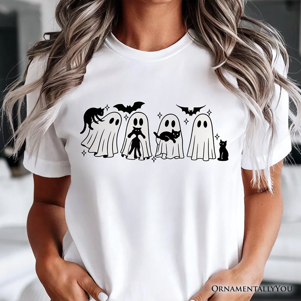 Ghosts and Cats Spooky T-Shirt, Whimsical Halloween Tee for Cozy Autumn Season T-Shirts OrnamentallyYou 