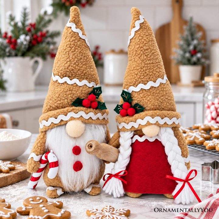 Gingerbread Christmas Plush Gnome Set of 2, Holiday 10.5" Baking Decor with Rolling Pin and Candy Cane