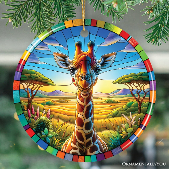 Giraffe Grace Stained Glass Style Ceramic Ornament, African Animals Christmas Gift and Decor Ceramic Ornament OrnamentallyYou Circle 