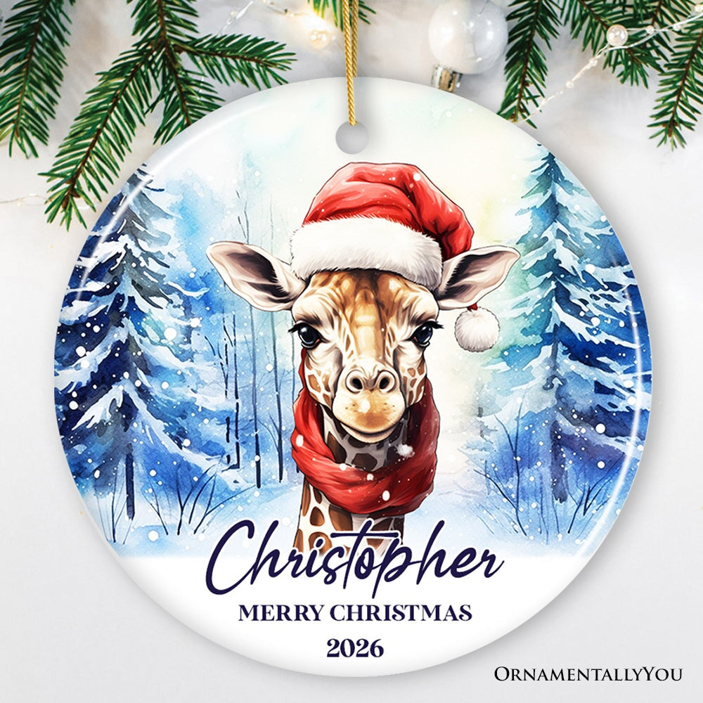 Giraffe with Santa Hat Personalized Ornament, Winter Forest Christmas Gift With Custom Name and Date Ceramic Ornament OrnamentallyYou Circle 