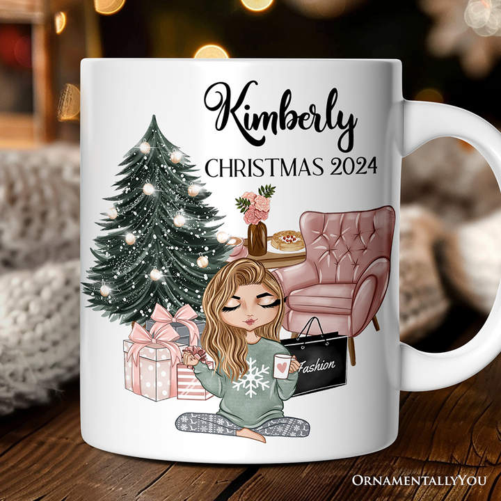 Glamorous Girl Personalized Christmas Mug, Fashionista Teenager Shopping Addict Holiday Gift