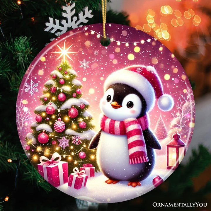 Glistening Winter Penguin Pink Themed Ornament, Adorable Arctic Christmas Gift and Decor Ceramic Ornament OrnamentallyYou 