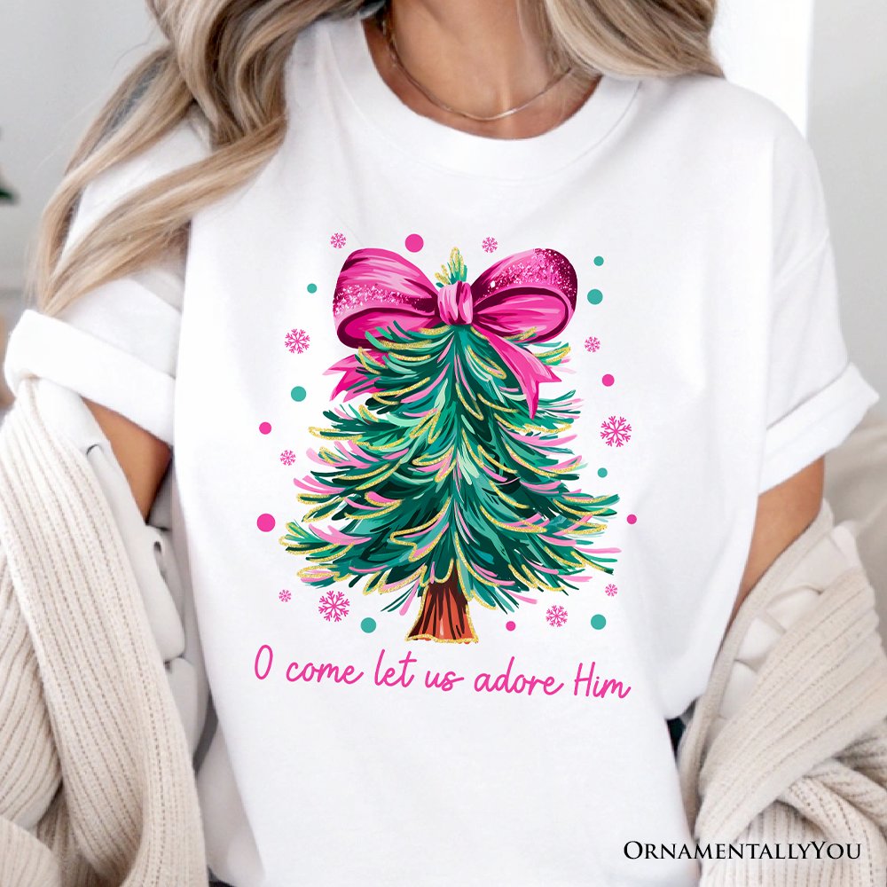 Glitter Christmas Tree Coquette Bow T‑Shirt, O Come Let Us Adore Him Holiday Tee T-Shirts OrnamentallyYou 