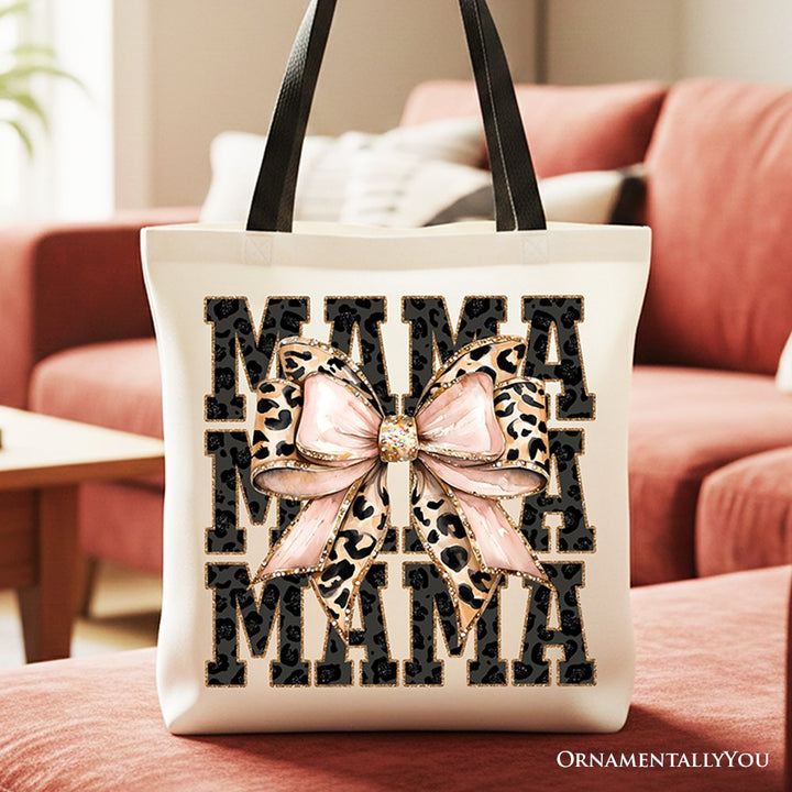 Glitter Leopard Mama Tote Bag, Coquette Bow Gift Shopper for Glam and Trendy Mothers Tote Bag OrnamentallyYou Black Handle 