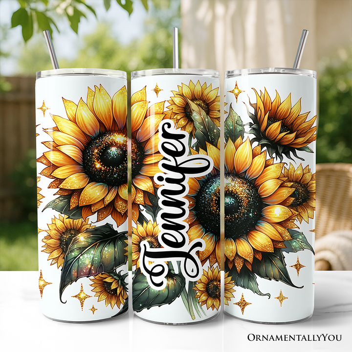 Glittered Sunflower Pattern 20oz Personalized Tumbler With Lid and Stainless Steel Straw, Yellow Summer Flowers Travel Mug Gift