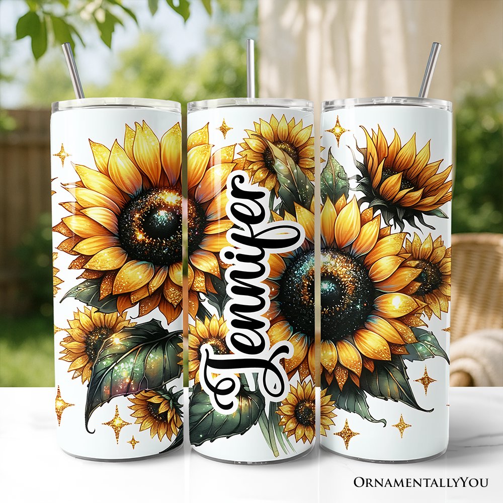 Glittered Sunflower Pattern 20oz Personalized Tumbler With Lid and Stainless Steel Straw, Yellow Summer Flowers Travel Mug Gift Tumbler OrnamentallyYou Customized 