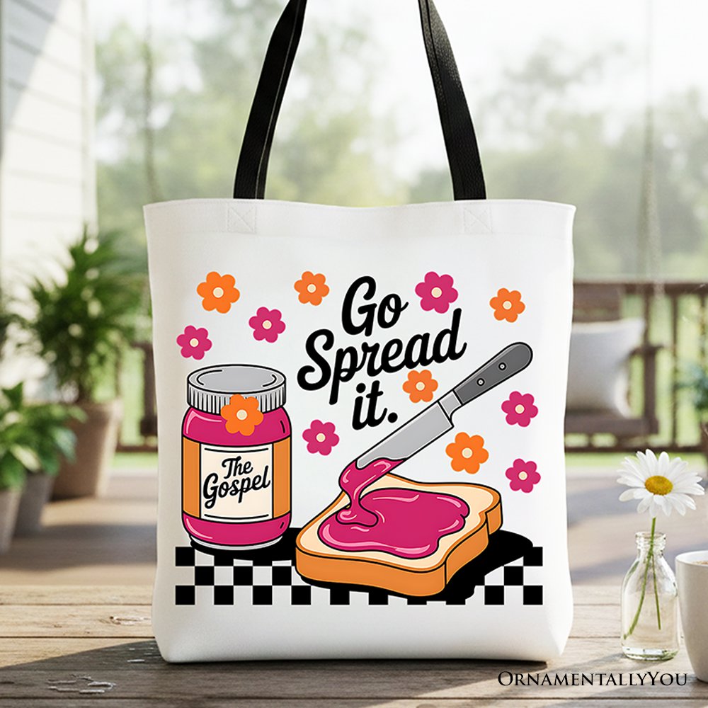 Go Spread It Christian Tote Bag, Cute Gospel Jam and Toast Gift Shopper Tote Bag OrnamentallyYou Black Handle 