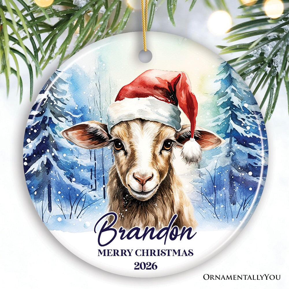 Goat with Santa Hat Personalized Ornament, Winter Forest Christmas Gift With Custom Name and Date Ceramic Ornament OrnamentallyYou Circle 
