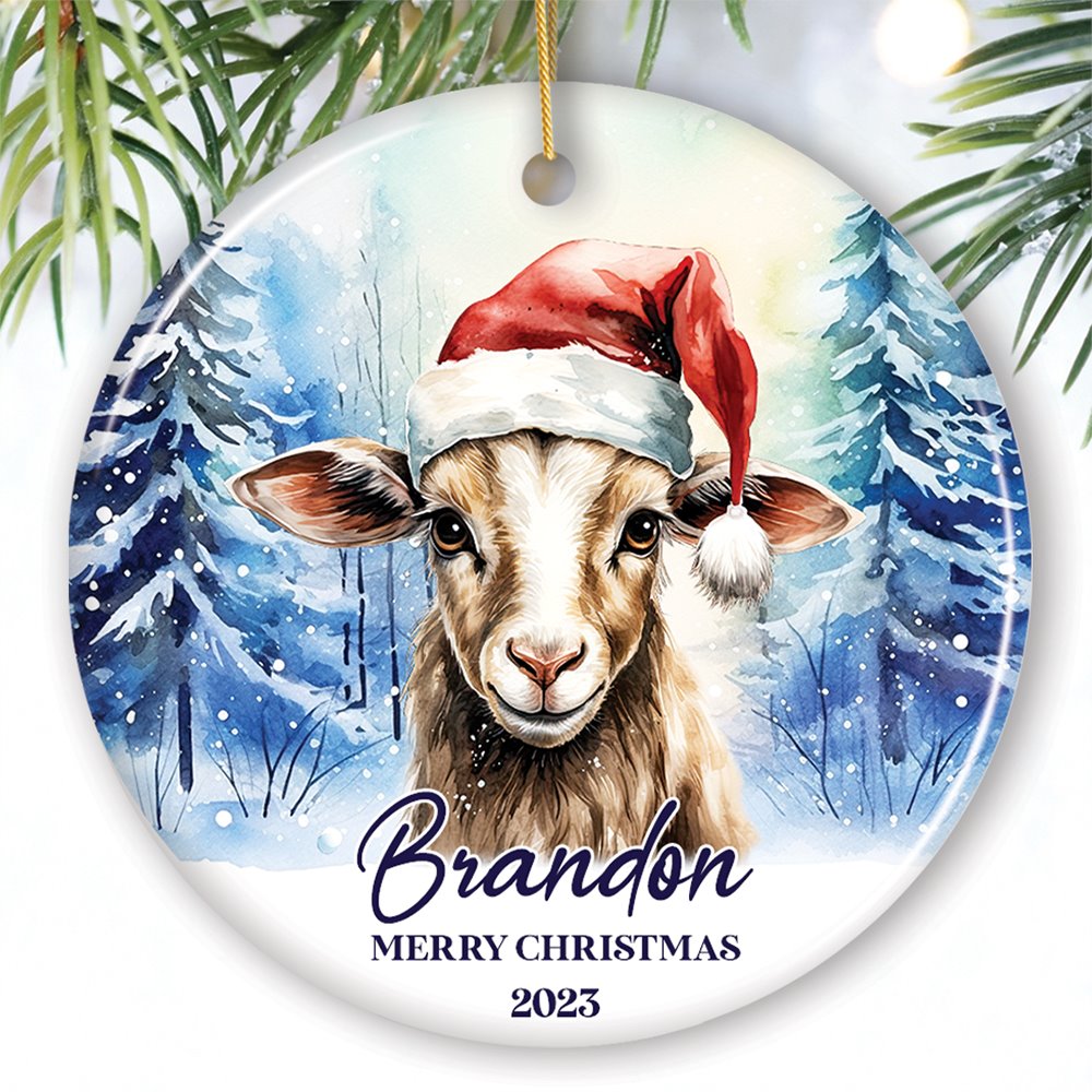 Goat with Santa Hat Personalized Ornament, Winter Forest Christmas Gift With Custom Name and Date Ceramic Ornament OrnamentallyYou Circle 