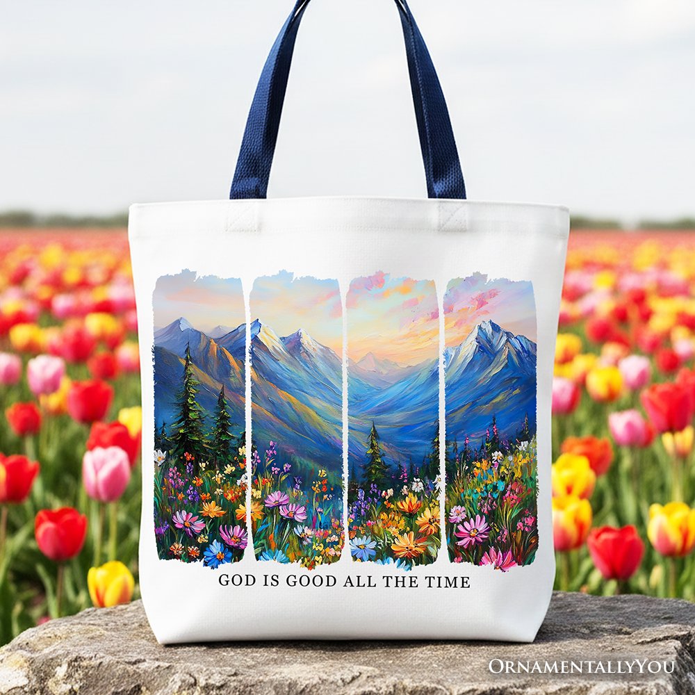 God Is Good All the Time Mountain Christian Canvas Tote Bag, Wildflower Brushstroke Bible Verse Faith Gift Shopper Tote Bag OrnamentallyYou Navy Handle 