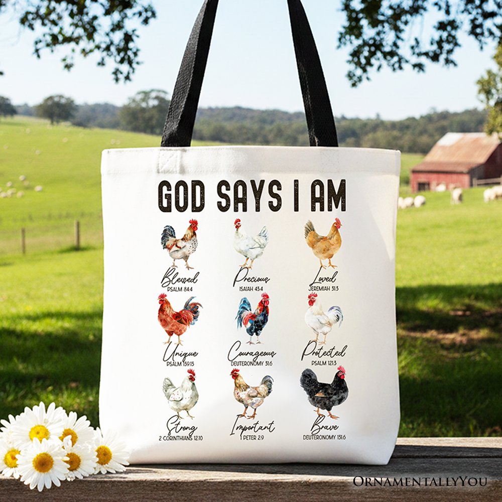 God Says I Am Christian Tote Bag, Rooster and Chicken Gift Shopper for Farm Style Lovers Tote Bag OrnamentallyYou Black Handle 