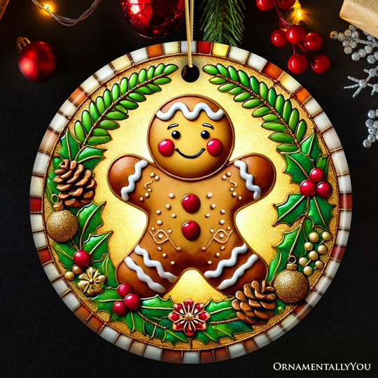 Golden Gingerbread Man Delight Ornament, Radiant Holiday Guardian for Festive Decor Ceramic Ornament OrnamentallyYou Circle 