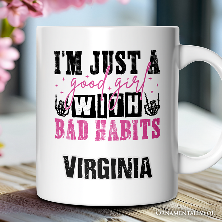 Good Girl with Bad Habits Personalized Mug, Grunge Skeleton Hands Rebellious Gift With Custom Name