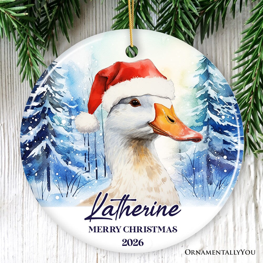 Goose with Santa Hat Personalized Ornament, Winter Forest Christmas Gift With Custom Name and Date Ceramic Ornament OrnamentallyYou Circle 