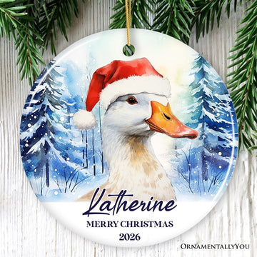 Goose with Santa Hat Personalized Ornament, Winter Forest Christmas Gift With Custom Name and Date Ceramic Ornament OrnamentallyYou Circle 