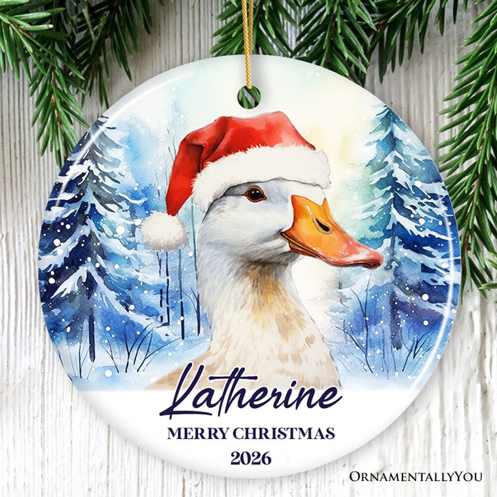 Goose with Santa Hat Personalized Ornament, Winter Forest Christmas Gift With Custom Name and Date Ceramic Ornament OrnamentallyYou Circle 