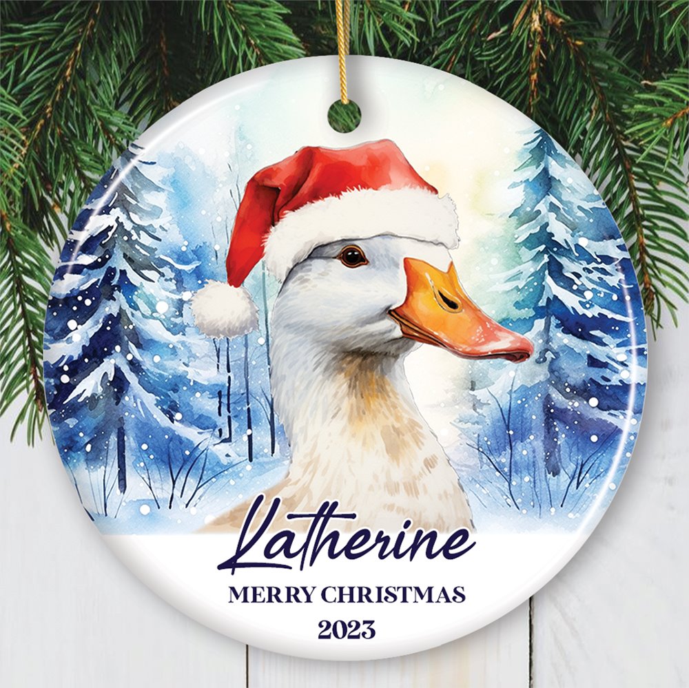 Goose with Santa Hat Personalized Ornament, Winter Forest Christmas Gift With Custom Name and Date Ceramic Ornament OrnamentallyYou Circle 