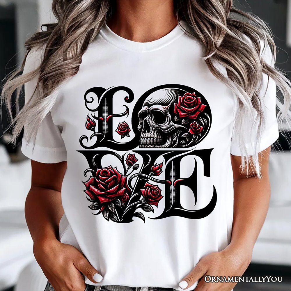 Gothic Love Skull Roses T-Shirt, Dark Valentine Romance Tee T-Shirts OrnamentallyYou 