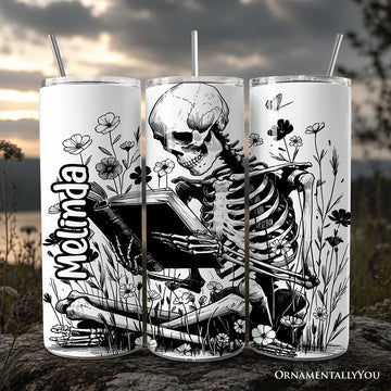 Gothic Reading Skeleton 20oz Personalized Tumbler With Lid and Stainless Steel Straw, Floral Spooky Bookworms Gift Cup