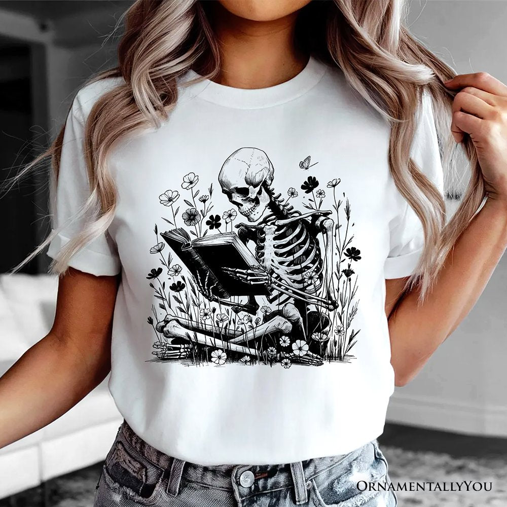 Gothic Reading Skeleton T-Shirt, Floral Halloween Tee for Spooky Bookworms T-Shirts OrnamentallyYou 