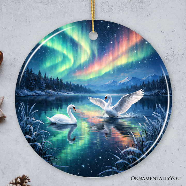 Graceful Aurora White Swans Ceramic Ornament, Northern Lights Birds on a Lake Gift and Tree Decor