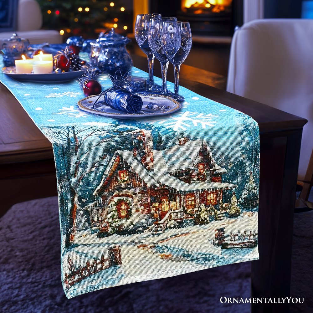 Gracefully Artful Winter Cabin 72" Table Runner, Merry Christmas Blue Rectangle Tablecloth with Snowflakes Table Runner OrnamentallyYou 