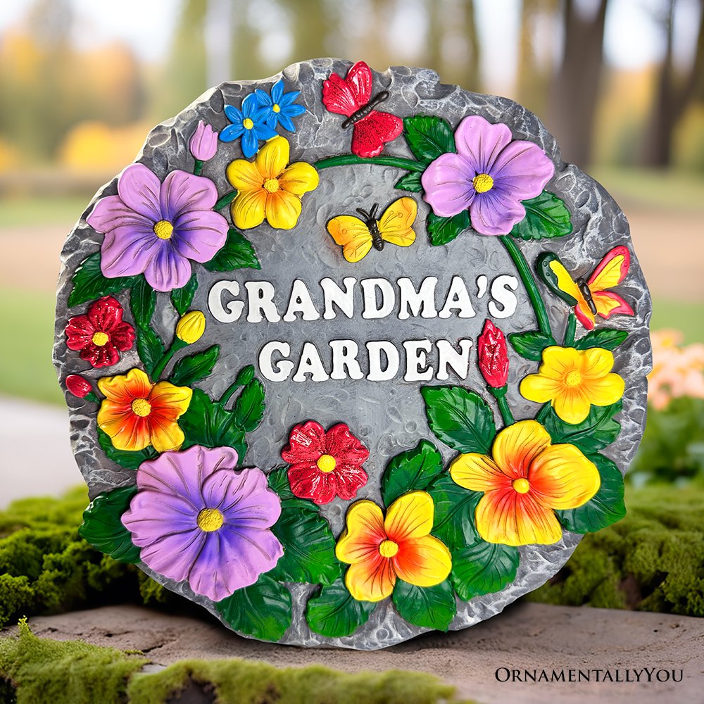 Grandma’s Garden Floral Stepping Stone, 9.5" Decorative Outdoor Decoration Resin Statues OrnamentallyYou 