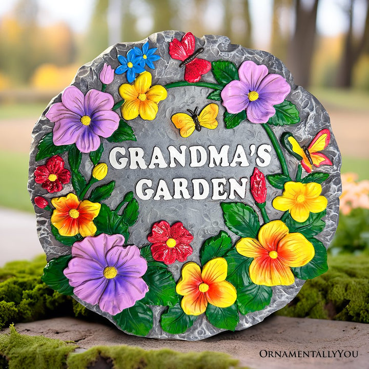 Grandma’s Garden Floral Stepping Stone, 9.5" Decorative Outdoor Decoration Resin Statues OrnamentallyYou 