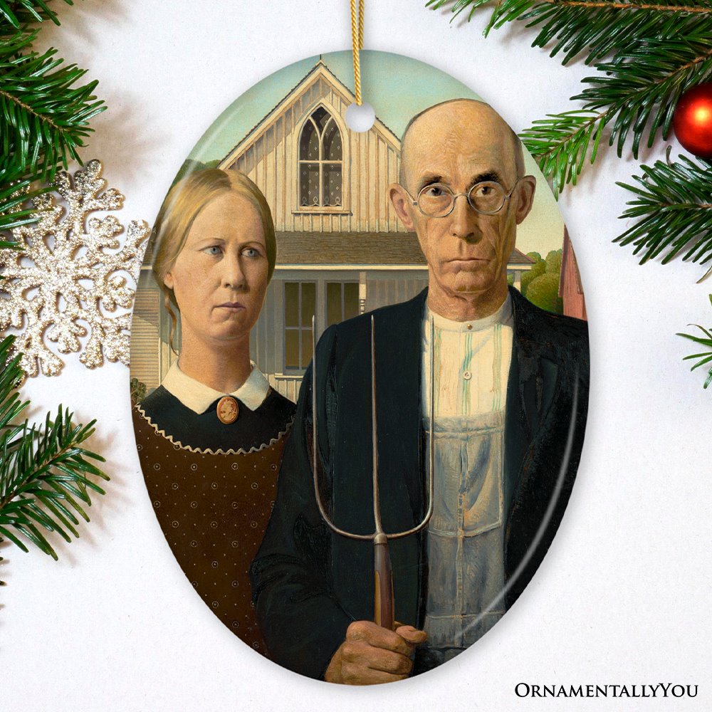 Grant Wood American Gothic Art Ceramic Ornament, Famous Painting Christmas Decoration Souvenir Ceramic Ornament OrnamentallyYou Oval 