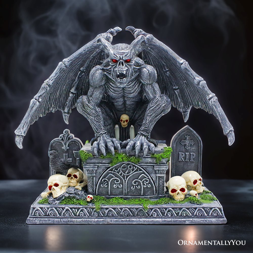 Grave Guardian Gargoyle Figurine, 7" Solar Powered Gothic Halloween Garden Statue Resin Statues OrnamentallyYou 